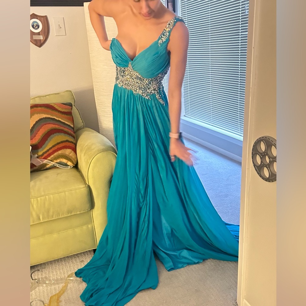 Turquoise Terani couture never worn pageant or prom dress, one shoulder